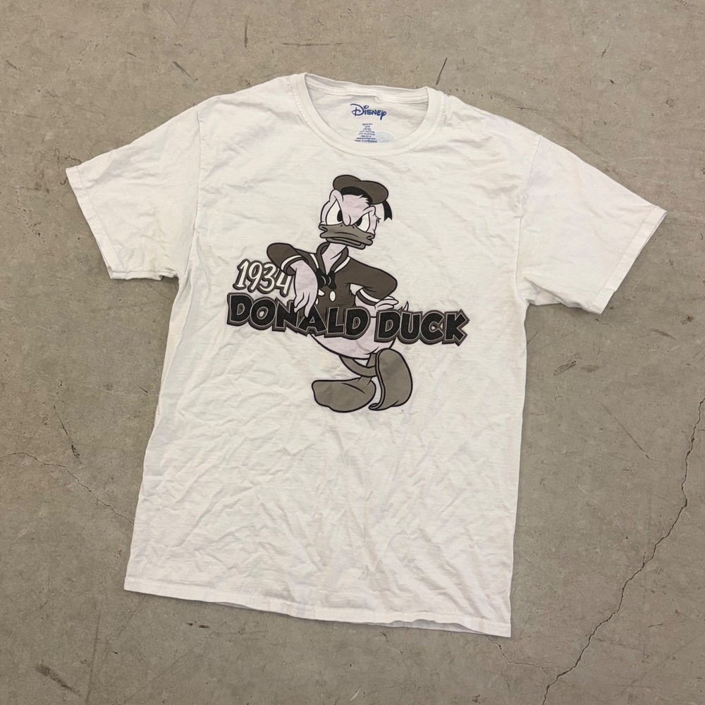 Disney Donald Duck Double Sided Vintage Graphic T-Shirt White Mens Medium AB1010